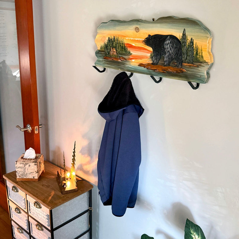 Rustic Walking Bear Cabin Wood Wall Coat Rack, 12.5 x 39.5 Inch Intarsia Wall Sculpture with 4 Metal Hooks, Brown Multi-Color