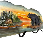 Rustic Walking Bear Cabin Wood Wall Coat Rack, 12.5 x 39.5 Inch Intarsia Wall Sculpture with 4 Metal Hooks, Brown Multi-Color