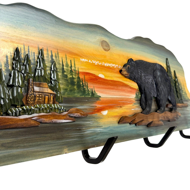 Rustic Walking Bear Cabin Wood Wall Coat Rack, 12.5 x 39.5 Inch Intarsia Wall Sculpture with 4 Metal Hooks, Brown Multi-Color