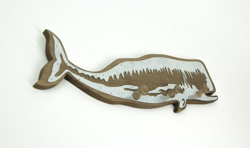 Rustic Weathered Brown Wood Whale Wall Hook Rack with Metal Accents - Decorative Ocean Décor Art Sculpture - 21 Inches Long -