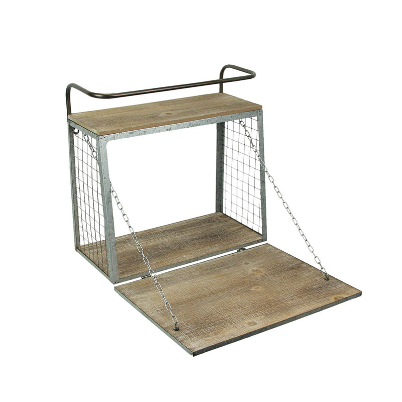 Rustic Wood & Metal Wall Mounted Open Shelf with DIY Customizable Blank Front Panel – Paintable Drop-Down Workspace, Bar,