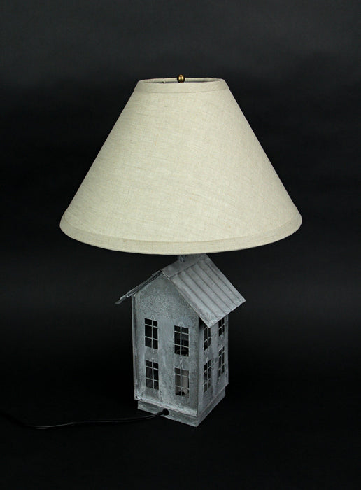 Rustic Galvanized Grey House-Shaped Double Light Table Lamp And Accent Light  - Beige Fabric Shade - Mid Century Modern