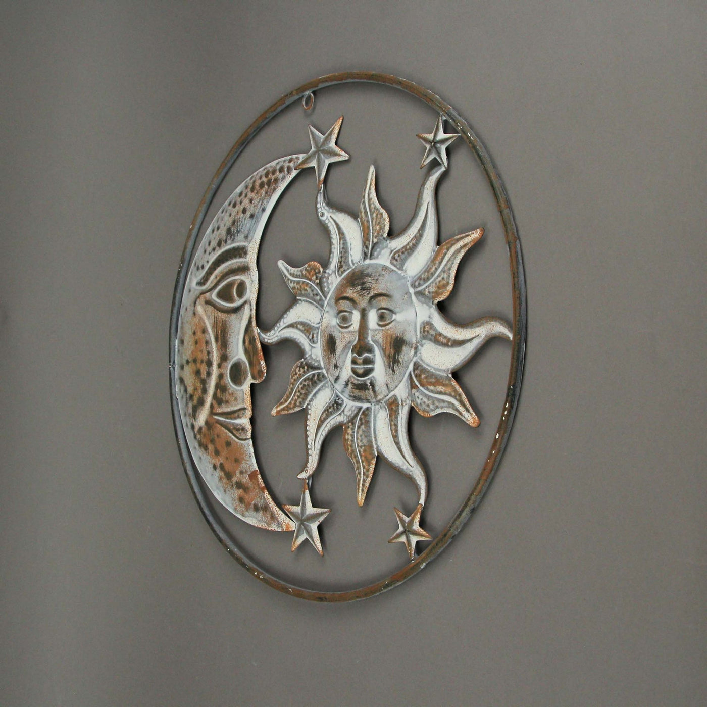 Rusty White Metal Art Indoor Outdoor Celestial Sun Moon and Stars Wall ...