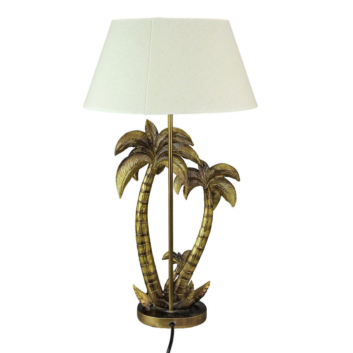 Set of 2 Antique Gold Finish Palm Tree Resin Table Lamps - Nightstand Lights, 25.5 Inches High, Adding Coastal Charm to Your