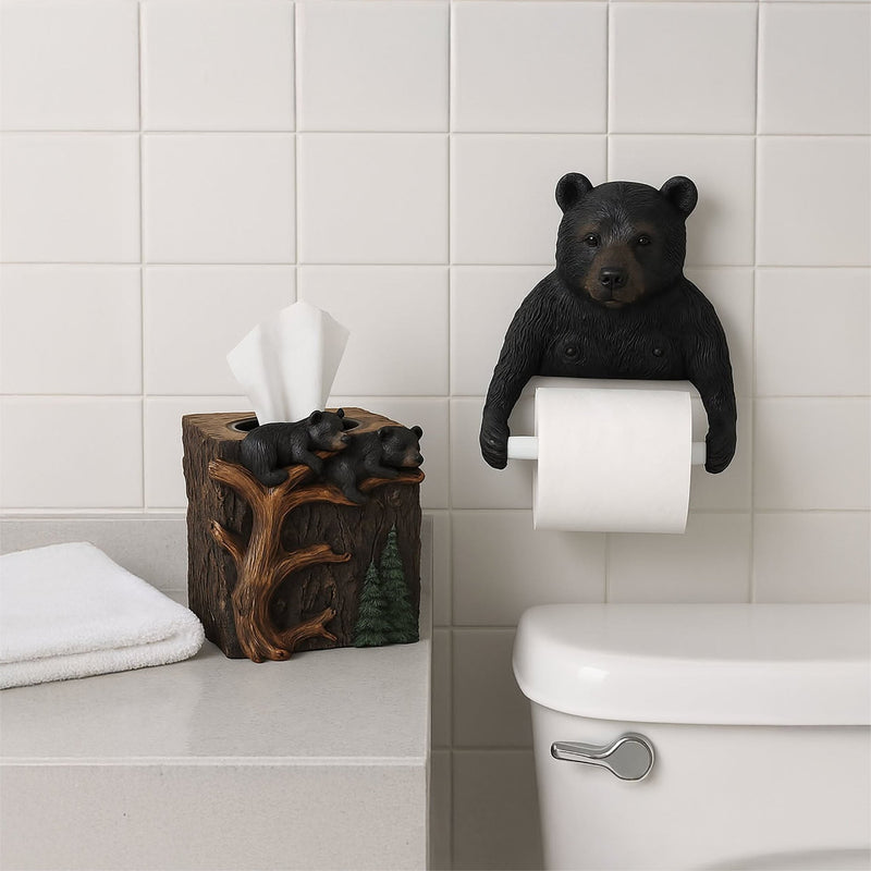 Set of 2 Bear Tissue Box Cover and Toilet Paper Holder – Rustic Black Bear Bathroom Accessories, Durable Resin, Hardware