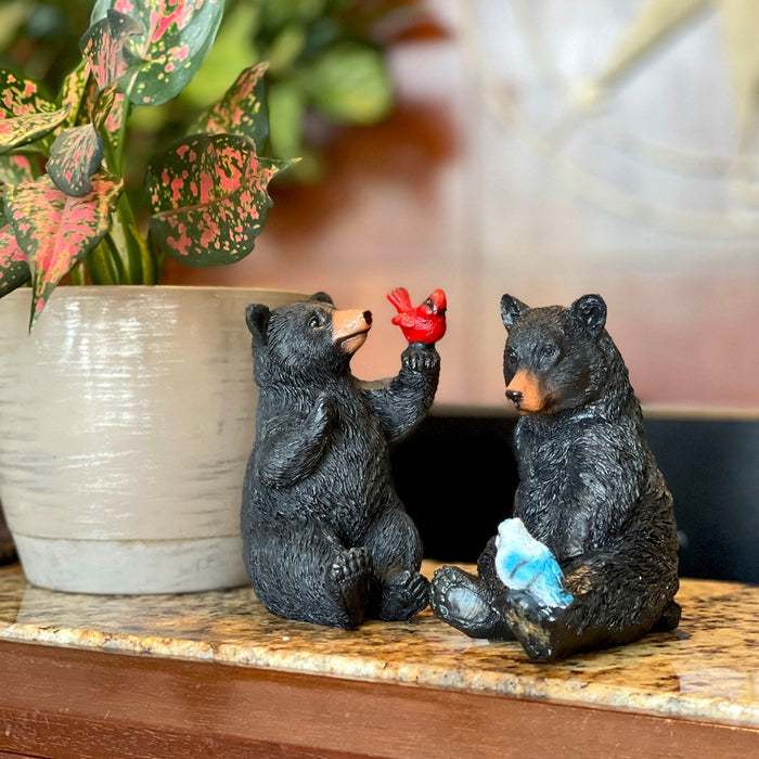 Set of 2 Black Bear Statues with Birds, Approx. 5” Tall – Rustic Resin Figurines Featuring Cardinal & Blue Jay – Woodland