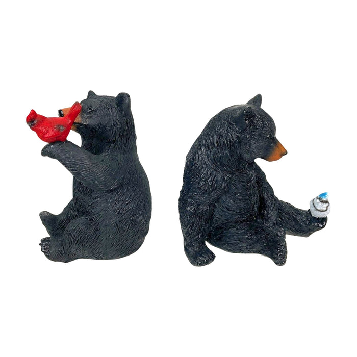 Set of 2 Black Bear Statues with Birds, Approx. 5” Tall – Rustic Resin Figurines Featuring Cardinal & Blue Jay – Woodland