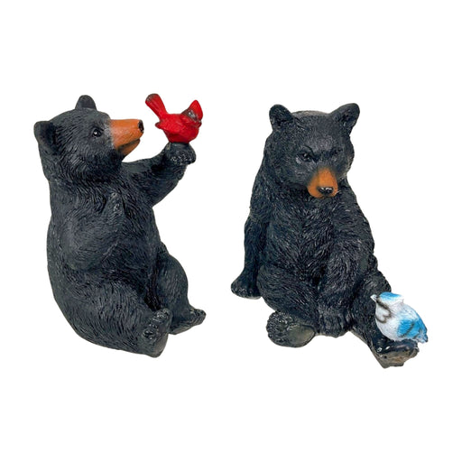 Set of 2 Black Bear Statues with Birds, Approx. 5” Tall – Rustic Resin Figurines Featuring Cardinal & Blue Jay – Woodland