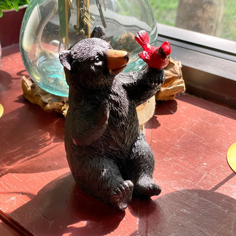 Set of 2 Black Bear Statues with Birds, Approx. 5” Tall – Rustic Resin Figurines Featuring Cardinal & Blue Jay – Woodland