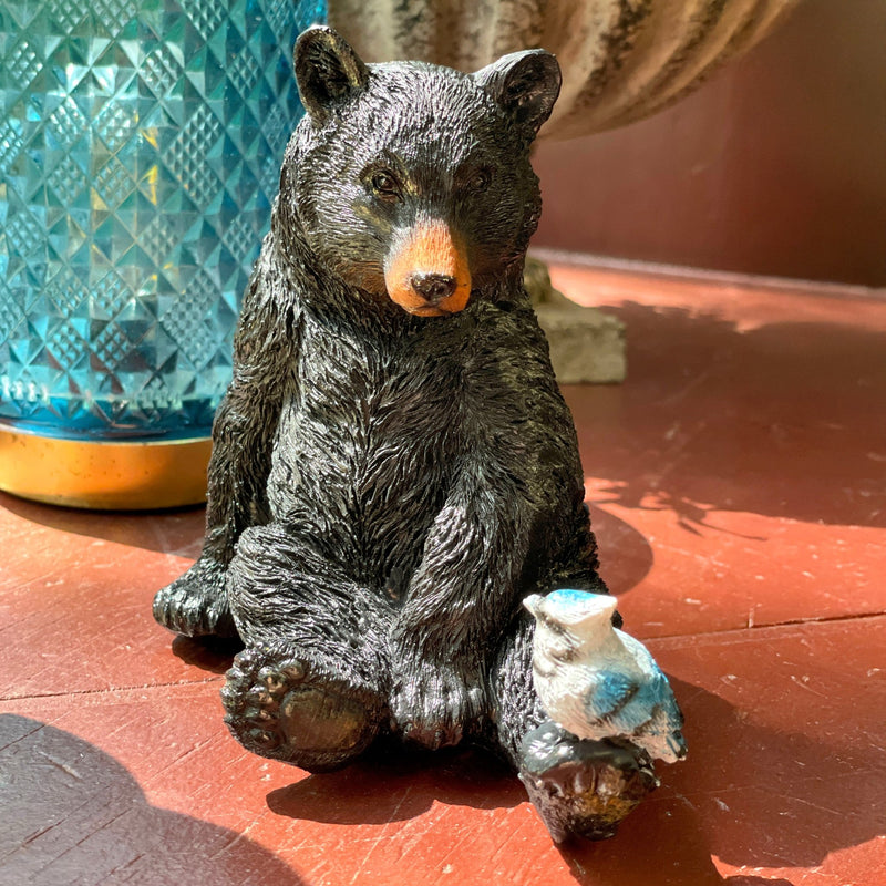 Set of 2 Black Bear Statues with Birds, Approx. 5” Tall – Rustic Resin Figurines Featuring Cardinal & Blue Jay – Woodland