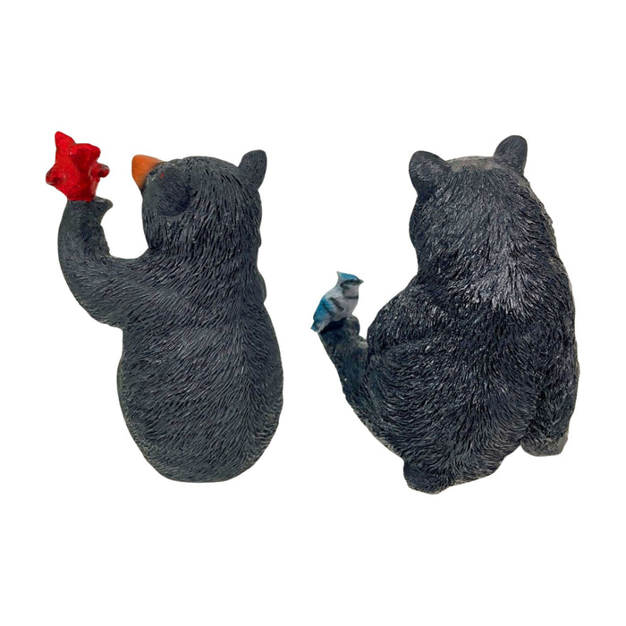 Set of 2 Black Bear Statues with Birds, Approx. 5” Tall – Rustic Resin Figurines Featuring Cardinal & Blue Jay – Woodland