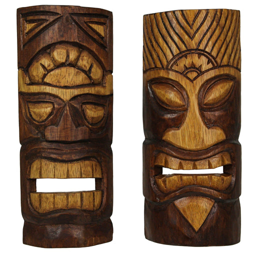 Set of 2 Brown Wood Natural Tiki Mask Wall Hangings-Abstract Design 12 Inches High Image 1