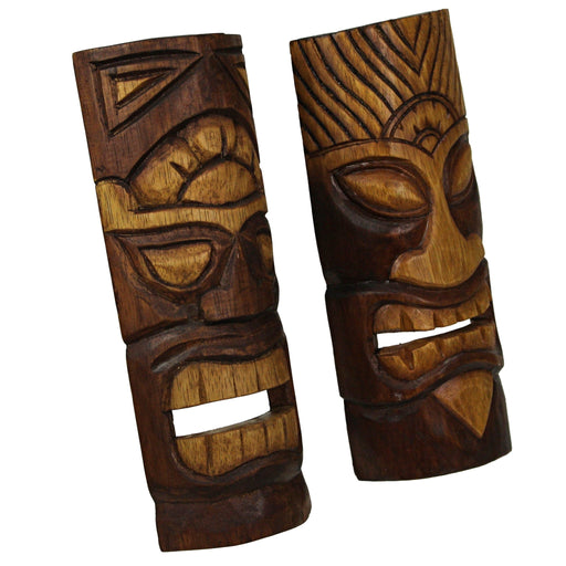 Set of 2 Brown Wood Natural Tiki Mask Wall Hangings-Abstract Design 12 Inches High Image 2