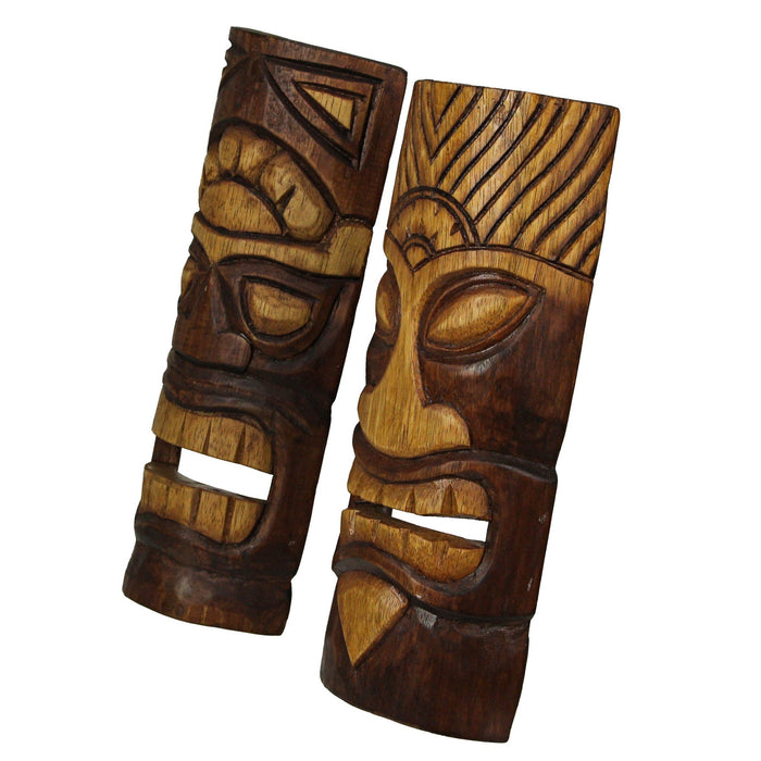 Set of 2 Brown Wood Natural Tiki Mask Wall Hangings-Abstract Design 12 Inches High Image 3
