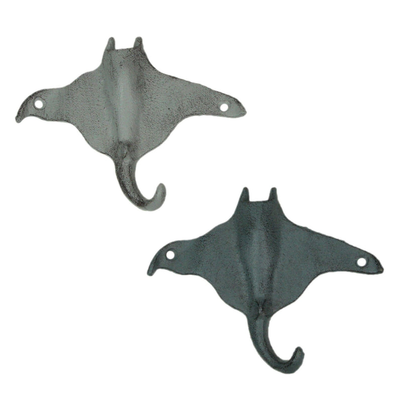 Set of 2 Cast Iron Stingray Wall Hooks Blue Gray 6.25 Inches Long Image 1