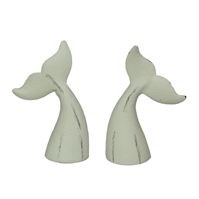 White - Image 1 - Set of 2 Nautical Cast Iron Whale Tail Decorative Bookends for Home Decor, Coastal Themed Shelves, and