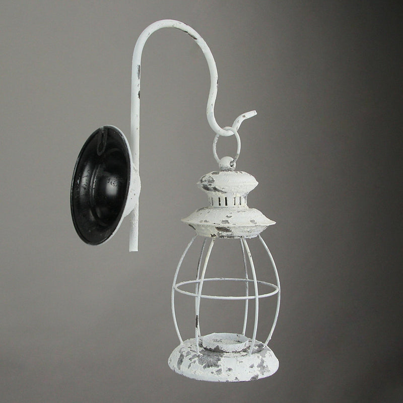 White - Image 3 - Set of 2 Rustic Distressed White Metal Wall Mounted Railroad Lantern Hanging Candle Sconces - Easy To Hang
