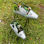 Set of 2 Flying Pig Planters - Distressed Galvanized Gray Metal - Rustic Farmhouse Garden Decor - Whimsical Planters for