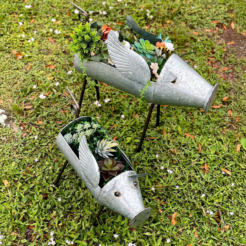 Set of 2 Flying Pig Planters - Distressed Galvanized Gray Metal - Rustic Farmhouse Garden Decor - Whimsical Planters for