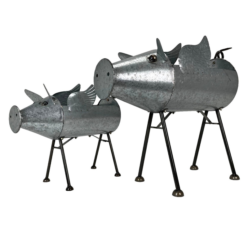 Set of 2 Flying Pig Planters - Distressed Galvanized Gray Metal - Rustic Farmhouse Garden Decor - Whimsical Planters for