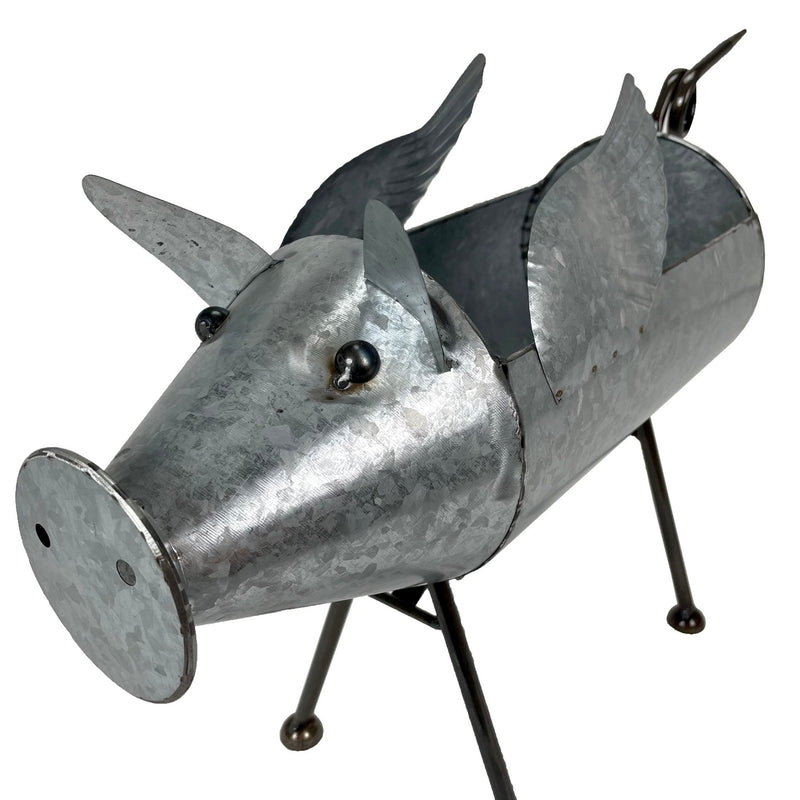 Set of 2 Flying Pig Planters - Distressed Galvanized Gray Metal - Rustic Farmhouse Garden Decor - Whimsical Planters for