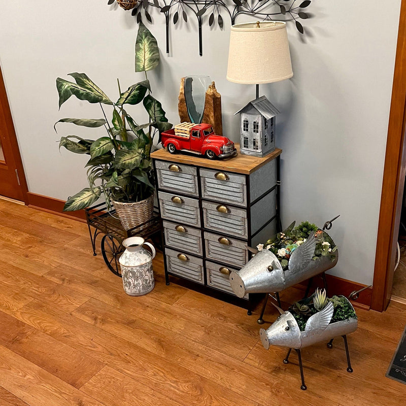 Set of 2 Flying Pig Planters - Distressed Galvanized Gray Metal - Rustic Farmhouse Garden Decor - Whimsical Planters for