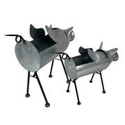 Set of 2 Flying Pig Planters - Distressed Galvanized Gray Metal - Rustic Farmhouse Garden Decor - Whimsical Planters for