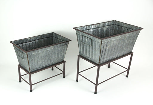 Set of 2 Galvanized Grey Zinc Finish Metal Tub Planters on Stands - Perfect for Western Themes - Large: 20 Inches, Small: 17