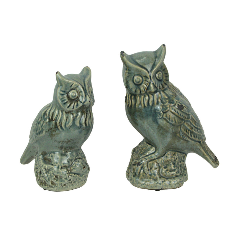 Set of 2 Grey Crackle Finish Ceramic Owl Statues Image 1