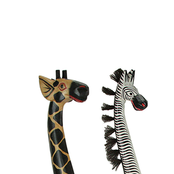 Set of 2 Hand Carved and Painted 36 Inch High Wooden Giraffe and Zebra Floor Statues - Artisan Crafted African Themed Decor -