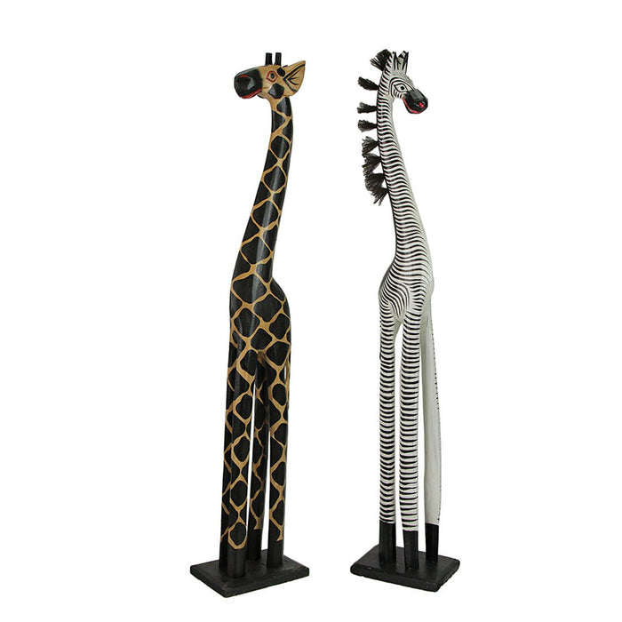 Set of 2 Hand Carved and Painted 36 Inch High Wooden Giraffe and Zebra Floor Statues - Artisan Crafted African Themed Decor -