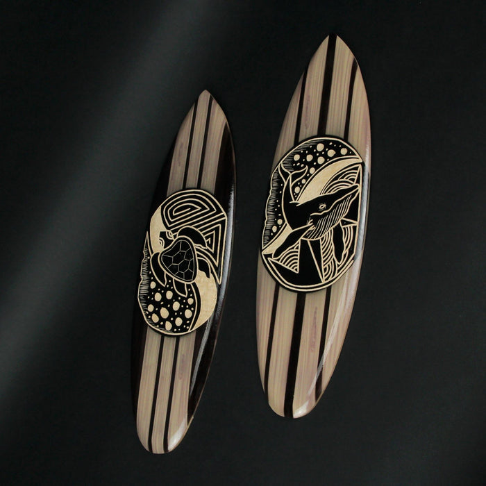 20 Inch - Image 4 - Set of 2 Hand-Carved Wooden Surfboard Wall Hangings Featuring Tribal Whale and Sea Turtle Designs -