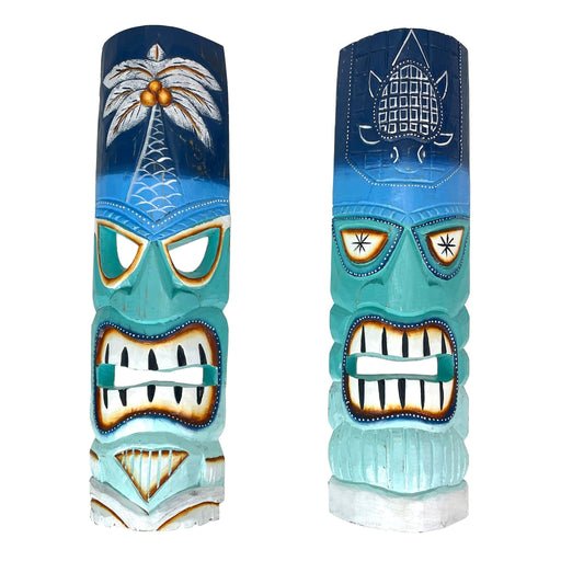 Blue - Image 1 - Set of 2 Blue & Green Ocean Tiki Masks – 20 Inch Hand-Carved Wooden Wall Decor for Indoor or Outdoor –