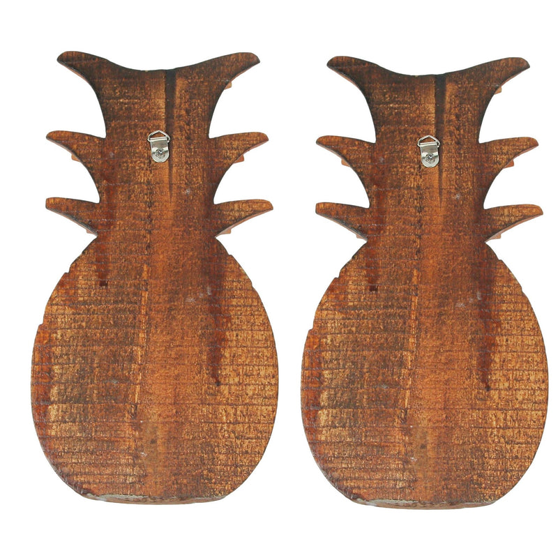 Set of 2 Hand Carved Wooden Pineapple Hanging Wall Art Sculptures Home Decor Image 3