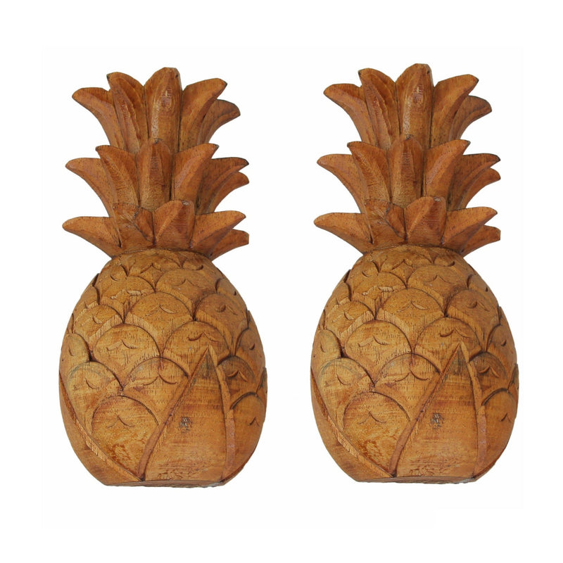Set of 2 Hand Carved Wooden Pineapple Hanging Wall Art Sculptures Home Decor Image 1