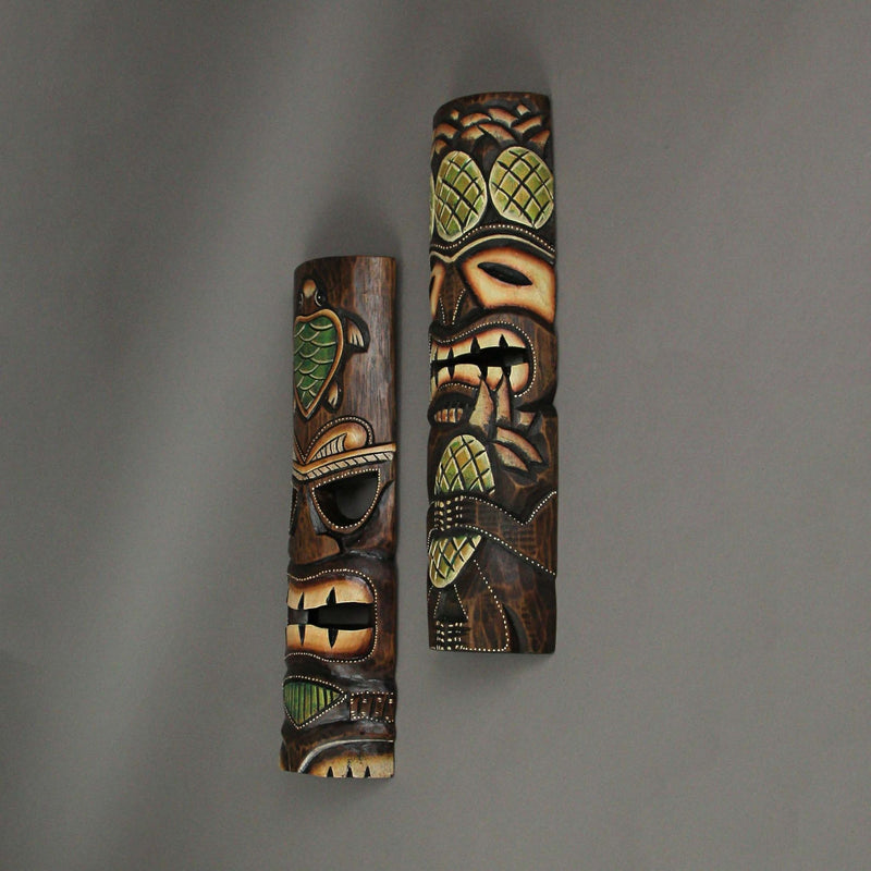 Set of 2 Hand-Crafted Pineapple and Sea Turtle Wood Tiki Wall Hanging Masks: Vibrant Tropical Decor for Indoor and Outdoor