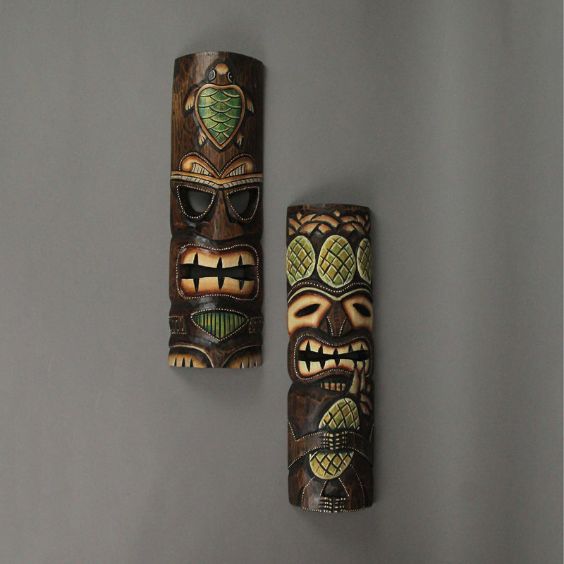 Set of 2 Hand-Crafted Pineapple and Sea Turtle Wood Tiki Wall Hanging Masks: Vibrant Tropical Decor for Indoor and Outdoor