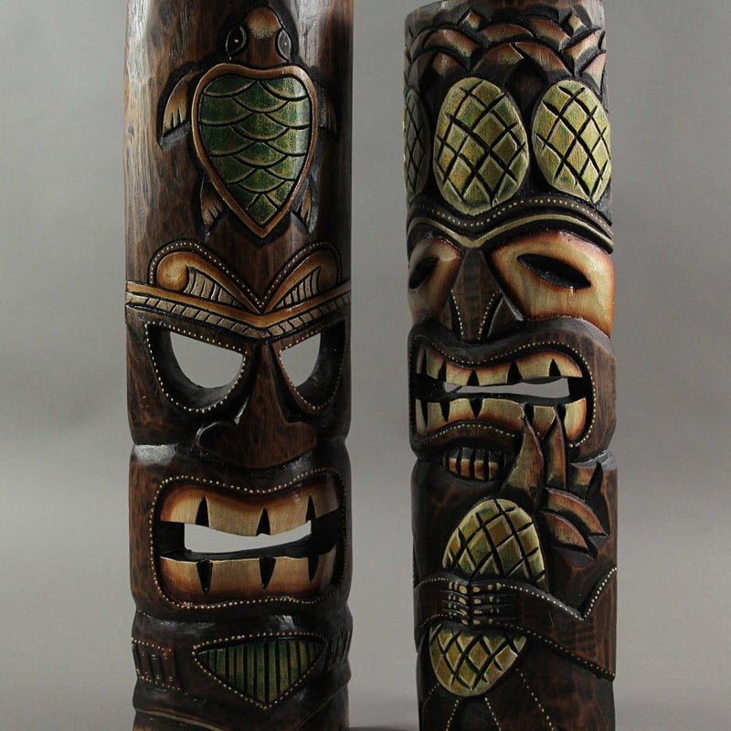 Set of 2 Hand-Crafted Pineapple and Sea Turtle Wood Tiki Wall Hanging Masks: Vibrant Tropical Decor for Indoor and Outdoor