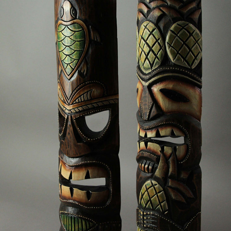 Set of 2 Hand-Crafted Pineapple and Sea Turtle Wood Tiki Wall Hanging Masks: Vibrant Tropical Decor for Indoor and Outdoor