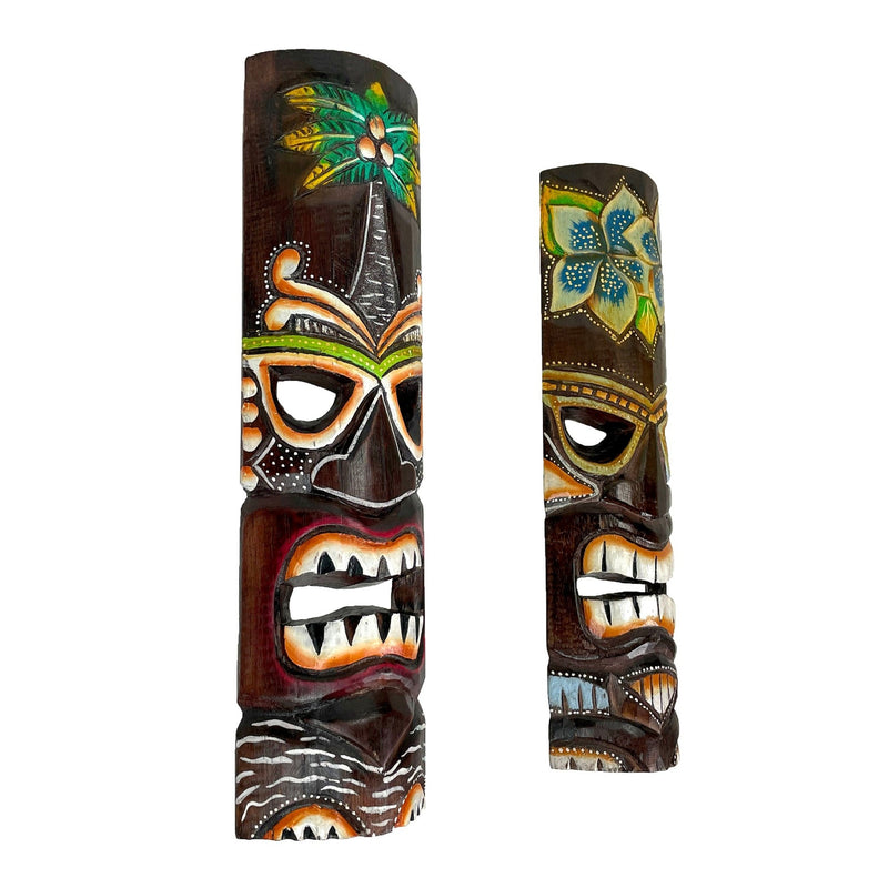 Set of 2 Hand Crafted Wooden 20 Inch Tiki Wall Masks Palm Tree and Plumeria Flower Designs Tropical Décor Image 2