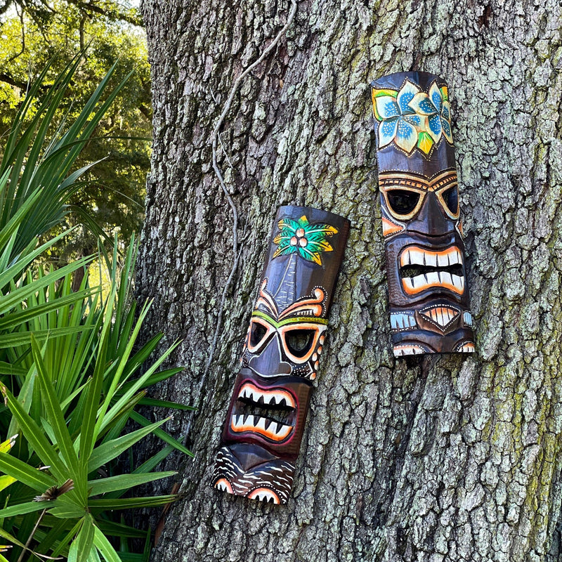 Set of 2 Hand Crafted Wooden 20 Inch Tiki Wall Masks Palm Tree and Plumeria Flower Designs Tropical Décor Image 5