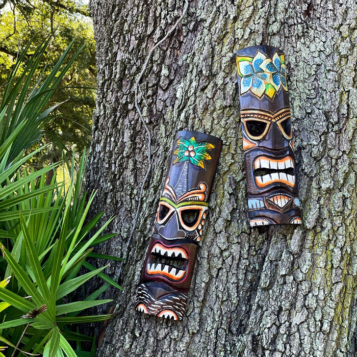 Set of 2 Hand Crafted Wooden 20 Inch Tiki Wall Masks Palm Tree and Plumeria Flower Designs Tropical Décor Image 5