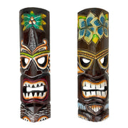 Set of 2 Hand Crafted Wooden 20 Inch Tiki Wall Masks Palm Tree and Plumeria Flower Designs Tropical Décor Image 1