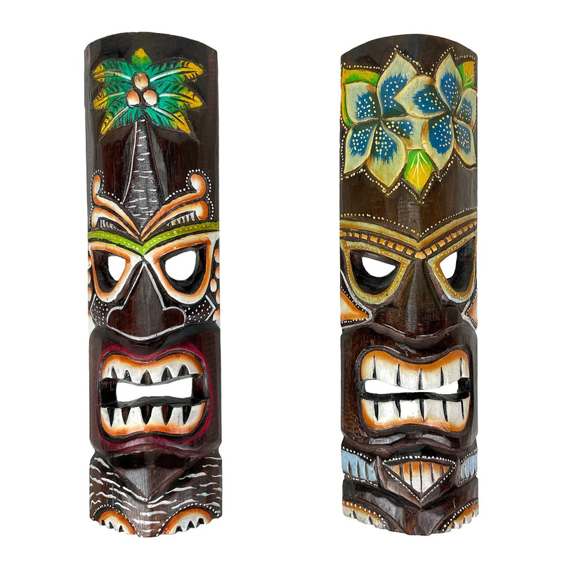 Set of 2 Hand Crafted Wooden 20 Inch Tiki Wall Masks Palm Tree and Plumeria Flower Designs Tropical Décor Image 1