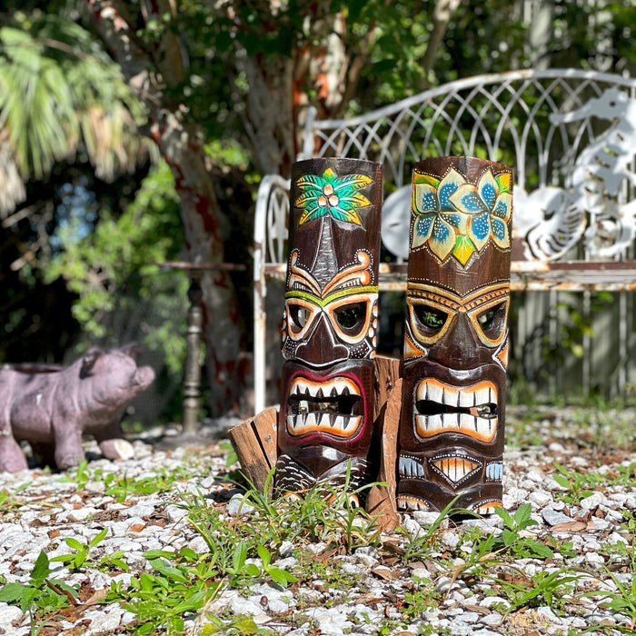 Set of 2 Hand Crafted Wooden 20 Inch Tiki Wall Masks Palm Tree and Plumeria Flower Designs Tropical Décor Image 7