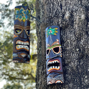Set of 2 Hand Crafted Wooden 20 Inch Tiki Wall Masks Palm Tree and Plumeria Flower Designs Tropical Décor Image 6