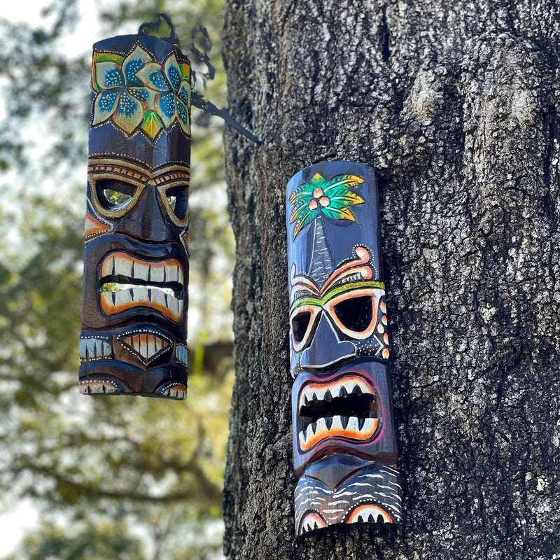Set of 2 Hand Crafted Wooden 20 Inch Tiki Wall Masks Palm Tree and Plumeria Flower Designs Tropical Décor Image 6