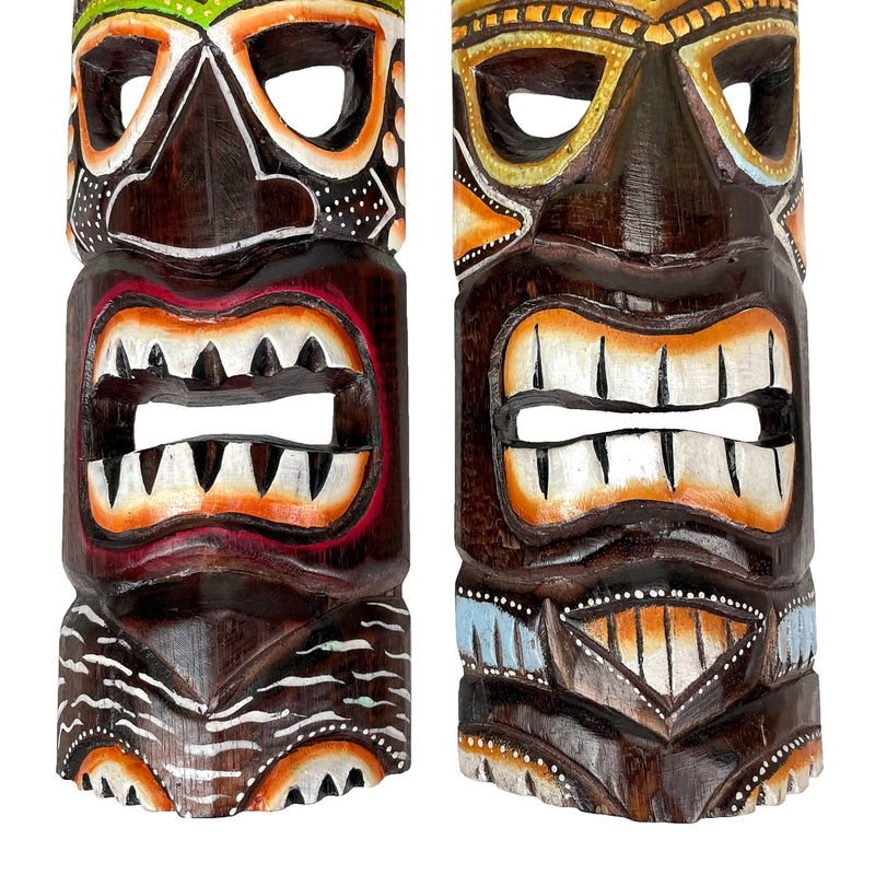 Set of 2 Hand Crafted Wooden 20 Inch Tiki Wall Masks Palm Tree and Plumeria Flower Designs Tropical Décor Image 9