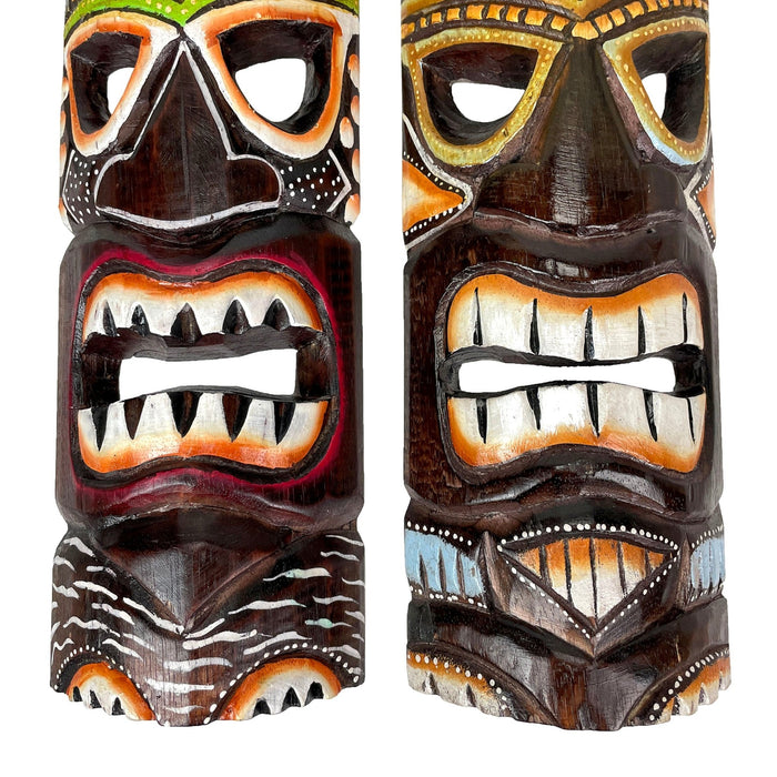 Set of 2 Hand Crafted Wooden 20 Inch Tiki Wall Masks Palm Tree and Plumeria Flower Designs Tropical Décor Image 9