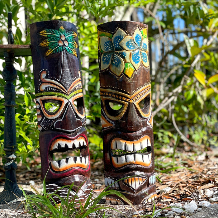 Set of 2 Hand Crafted Wooden 20 Inch Tiki Wall Masks Palm Tree and Plumeria Flower Designs Tropical Décor Image 4